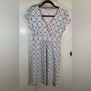 Boden EUC cream/blue/coral v neck faux wrap dress Size 6